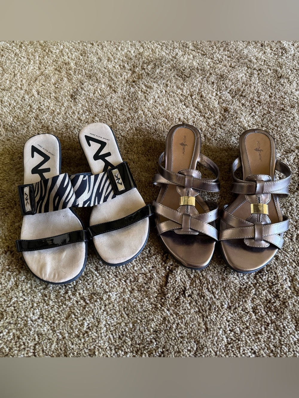 Black + brown Anne Klein Sport heel sandals and gold Jaclyn Smith heel sandals